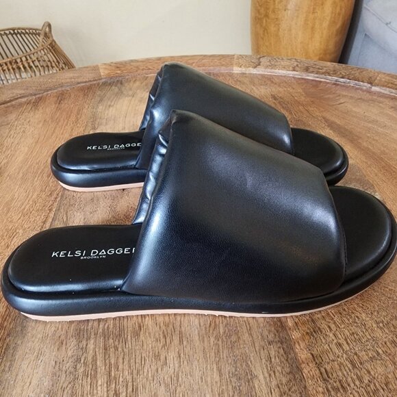 Kelsi Dagger Black Leather Brooklyn Traveler Slide Sandals Womens 7.5 - Picture 1 of 11